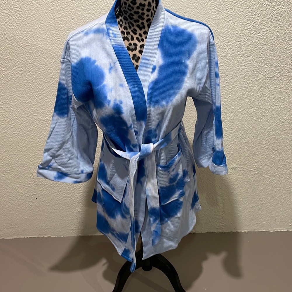 Wild Sage blue on blue cotton waffle feel robe with pockets